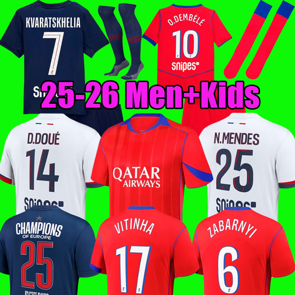 KVARATSKHELIA O.DEMBELE JOAO NEVES 25 26 soccer jerseys D.DOUE Maillot de football 2025 2026 HAKIMI N.MENDES BARCOLA PACHO ZABARNYI men kids set maillot de foot enfants