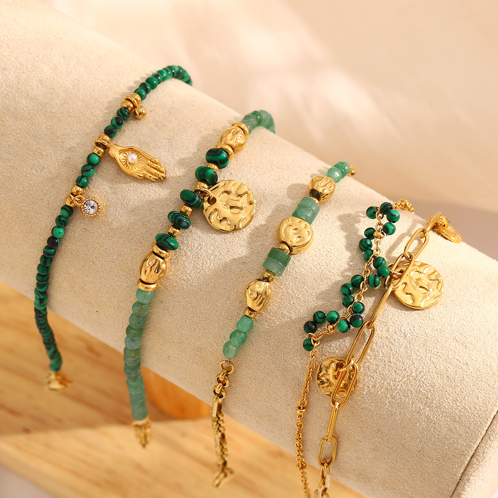 Vintage Inspired Palm Coin Pendant Bracelet 18K Gold-Plated Stainless Steel with Natural Stone European Retro Style for Women