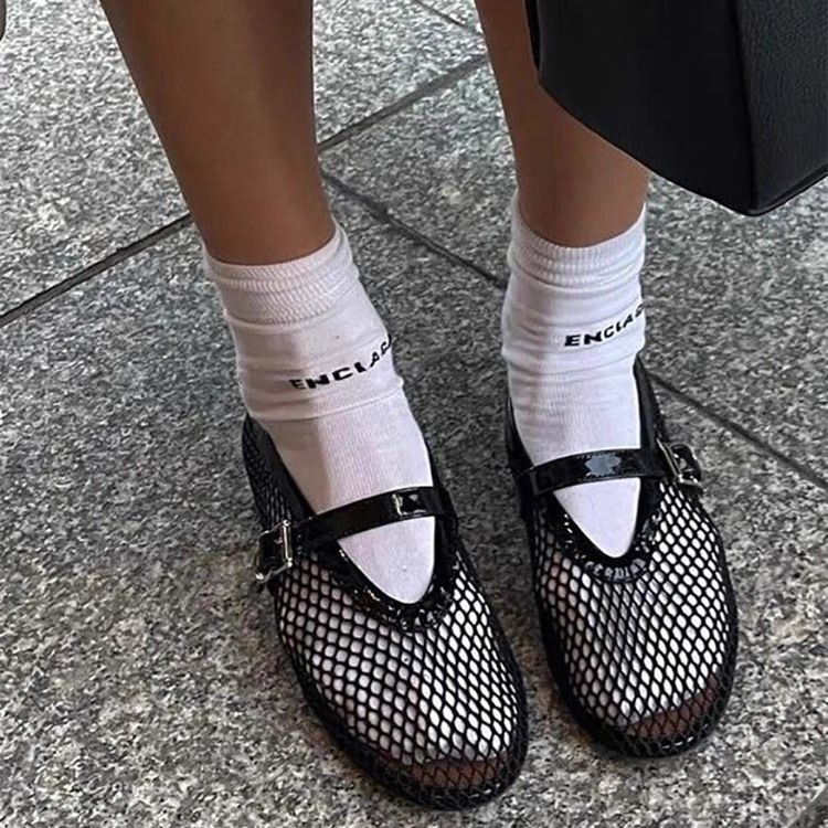 Fashionable and comfortable temperament women's single shoes round toe mesh one-button women's shoes flat shoes