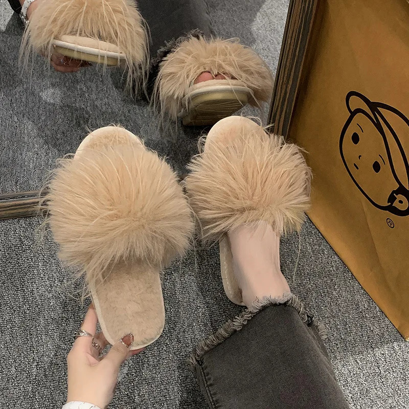 Wedding Bride Fashion Flats Feather Furry Casual Home Shoes Female Footwear Autumn Women Slippers Outdoor Beach Slides 250812