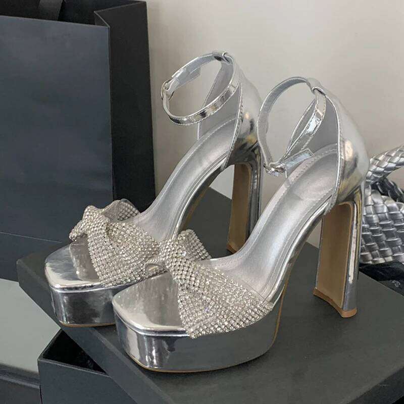 Liyke Fashion Design Pleated Crystal Rhinestone PVC Women 13CM High Heels Platform Sandals Elegant Square Toe Wedding Prom Shoes