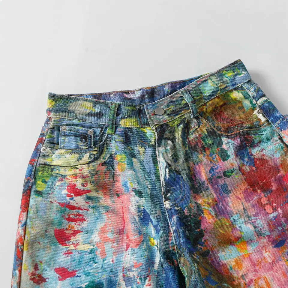 Street Style Graffiti Baggy Jeans Men Distressed Rainbow Random Painting Pattern Straight Wide Leg Pants Hiphop Y2k Trousers 250815