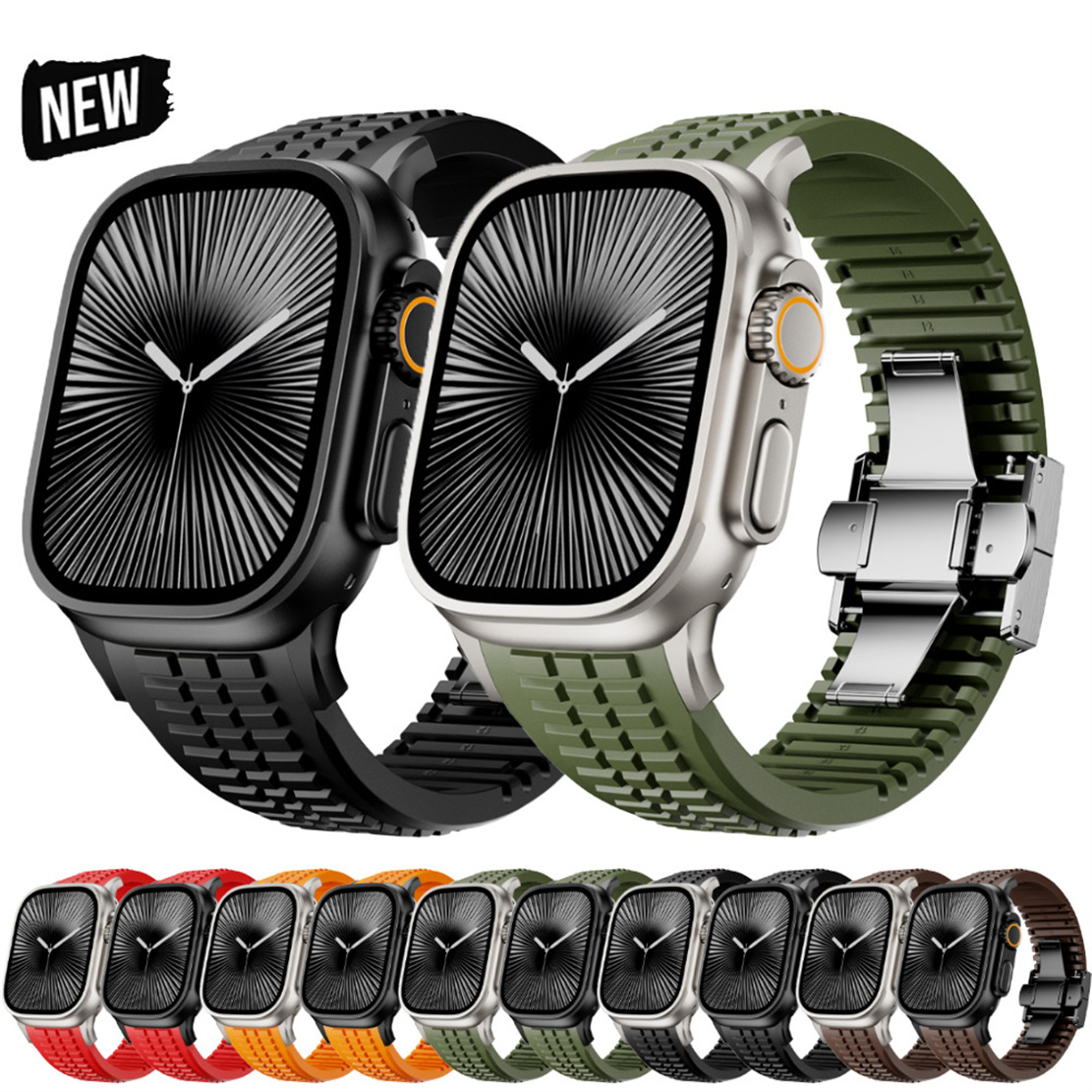 Hand Grenade Style Fluorine Rubber Double-Buttoned Watch Strap Wristband Bracelet Band for Apple Watch 42/44/45/46mm 49mm Ultra Straps iWatch