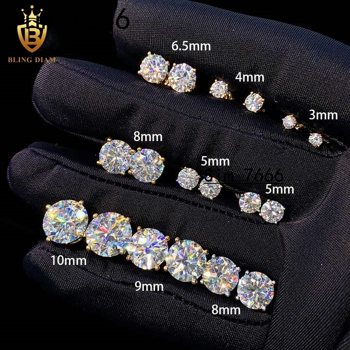 GRA Certificate 3mm-10mm Round Cut Moissanite Diamond Earrings 925 Sterling Silver 10k 14k Hiphop Stud Earrings Set for Unisex