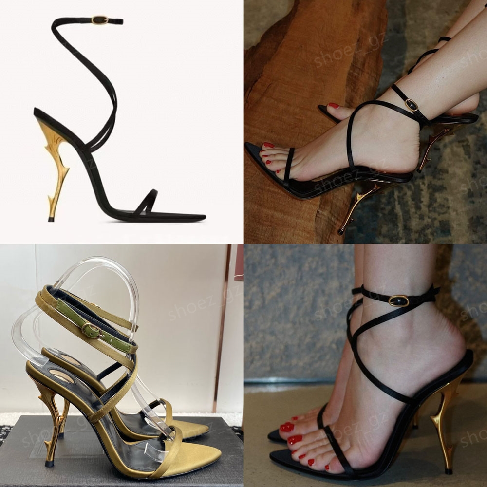 Metallic feeling Special-Shaped Heel sandals stiletto Heels women's high heeled Luxury Designers Ankle Wraparound Evening shoes Evening Dress shoes 10.5cm Bring box