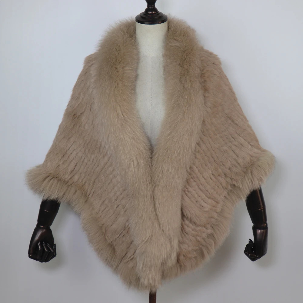 Women 100% Real Rabbit Fur Shawl Scarf With Fox Fur Collar Winter Warm Knitted Rabbit Fur Poncho Girls Party Fashion Accessories 250812
