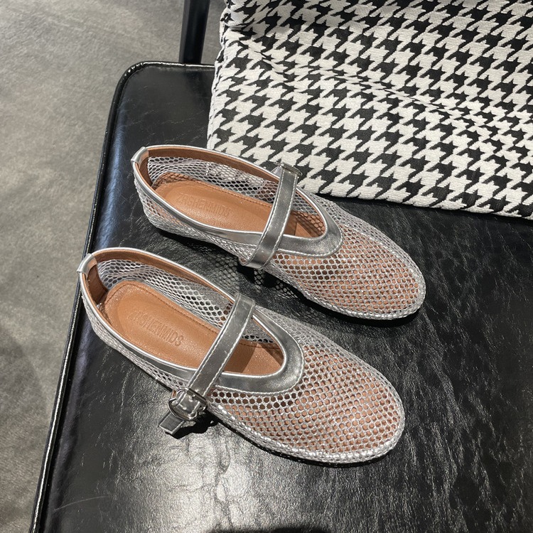 Fashionable and comfortable temperament women's single shoes round toe mesh one-button women's shoes flat shoes
