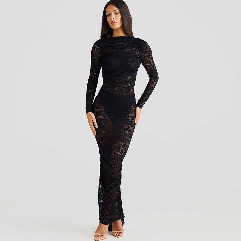 New Sexy Backless Lace Floral Sheer Slim Fit Sleeve Street Style Long Bodycon Dress
