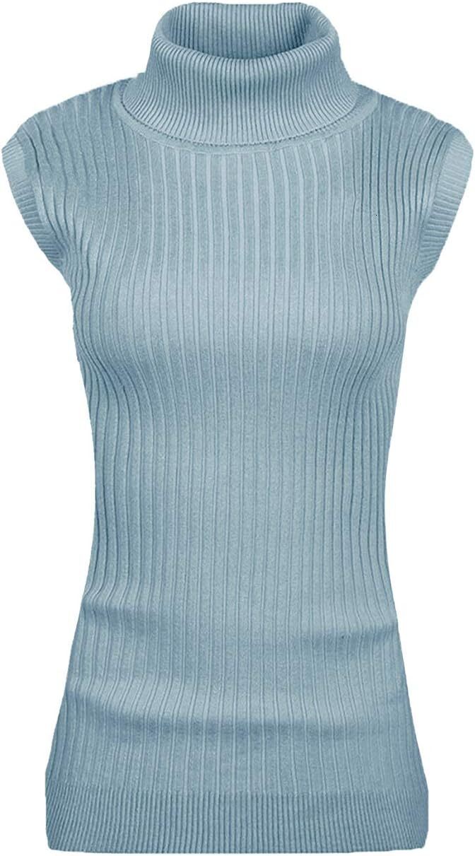 Women Sleeveless High Neck Turtleneck Stretchable Knit Sweater Top