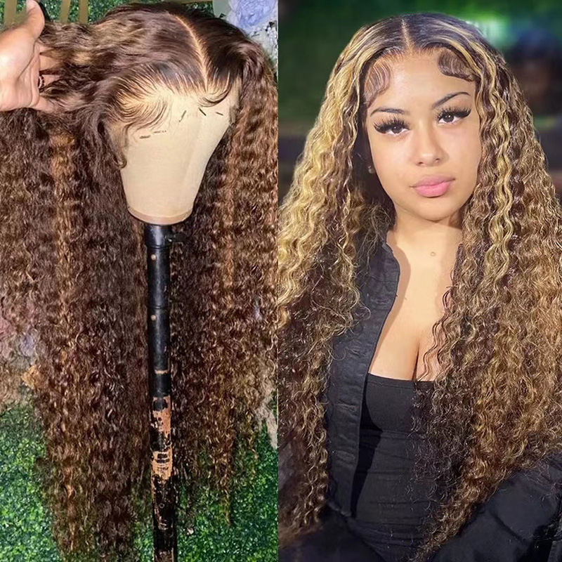 24 Inch Long Curly Ombre Human Wig for Women of All Skin Tones, Pre-Plucked Brazilian 13x4 Deep Wave Front Wig, Synthetic Black HD Lace Wig j2