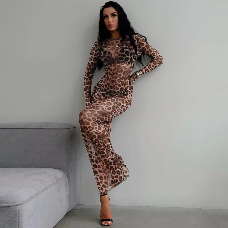 Dress Summer Women Leopard Print Mesh O Neck Long Sleeve Sexy See Through Maxi Fashion Outfits Beach Vacation Nightclub 250815