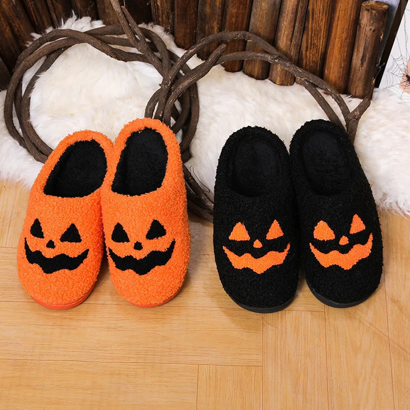 Cozy Halloween Pumpkin Slippers Women Soft Plush Non Slip Indoor Cotton Slides Woman Keep Warm Comfortable Winter House Slippers 250815