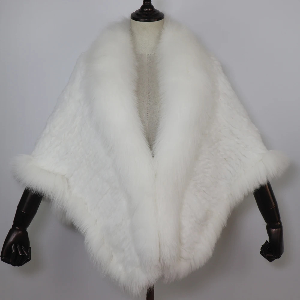 Women 100% Real Rabbit Fur Shawl Scarf With Fox Fur Collar Winter Warm Knitted Rabbit Fur Poncho Girls Party Fashion Accessories 250812