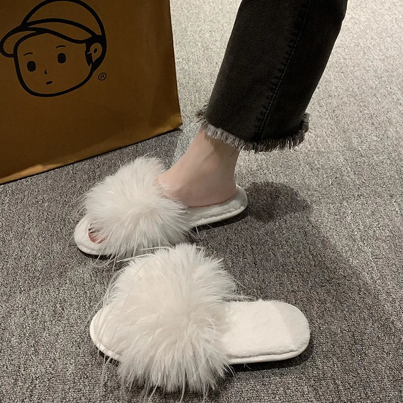 Wedding Bride Fashion Flats Feather Furry Casual Home Shoes Female Footwear Autumn Women Slippers Outdoor Beach Slides 250812