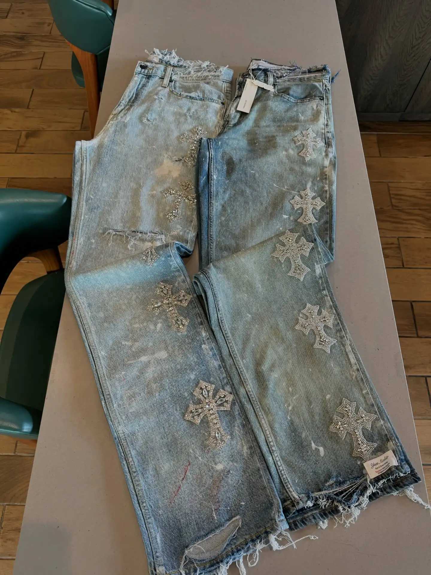 American Retro Cross Rhinestone Sequin Jeans Y2K Mens Womens Retro Ripped Washed Blue Baggy Jeans Low Waist Wide Leg Trousers L250816