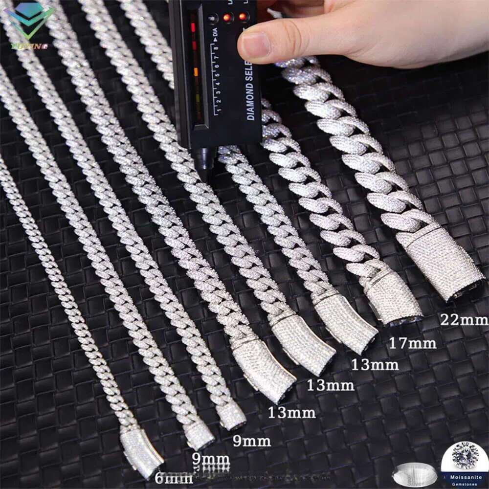 Hot-sale Iced Out 6mm-13mm Vvs Moissanite Dia Chain S Sterling Sier Cuban Link for Men Hiphop Fine Jewlery Necklaces