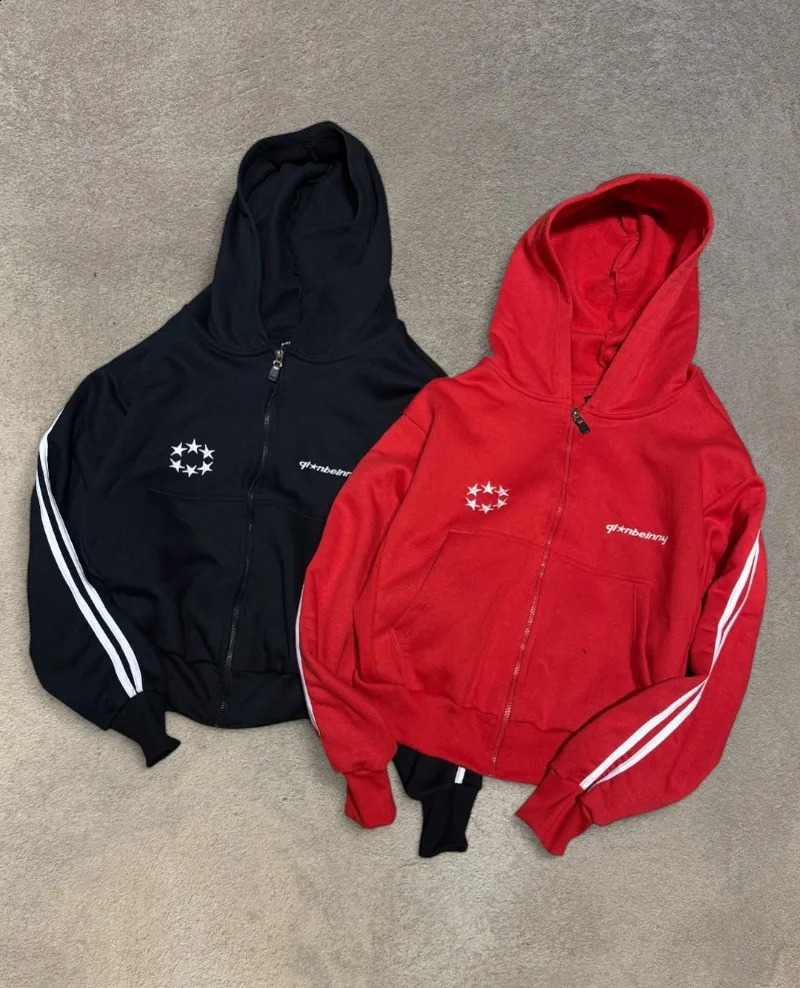 Hiphop Gothic letter print zipper men clothing Y2K high street fashion sportswear Harajuku punk loose couple hooded sweatshirt 250815