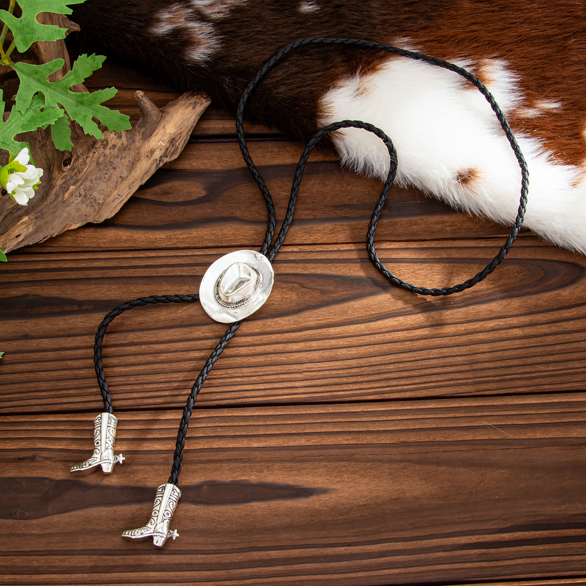 Western Boho Cowboy Hat Necklace Adjustable Long Chain with Vintage Cowgirl Boot Pendant Ethnic Inspired Statement Jewelry