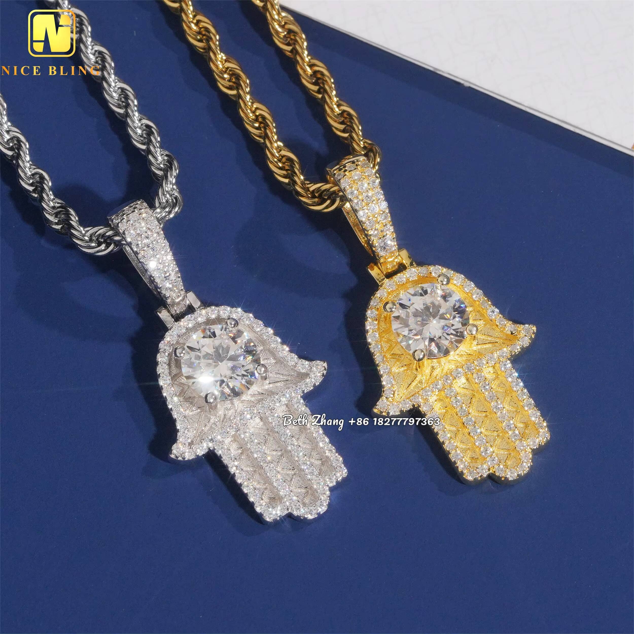 7.5MM Moissanite Diamond Hand Pendants Fashion Hip Hop Jewelry Pass Diamond Tester Hamsa Hand Pendants