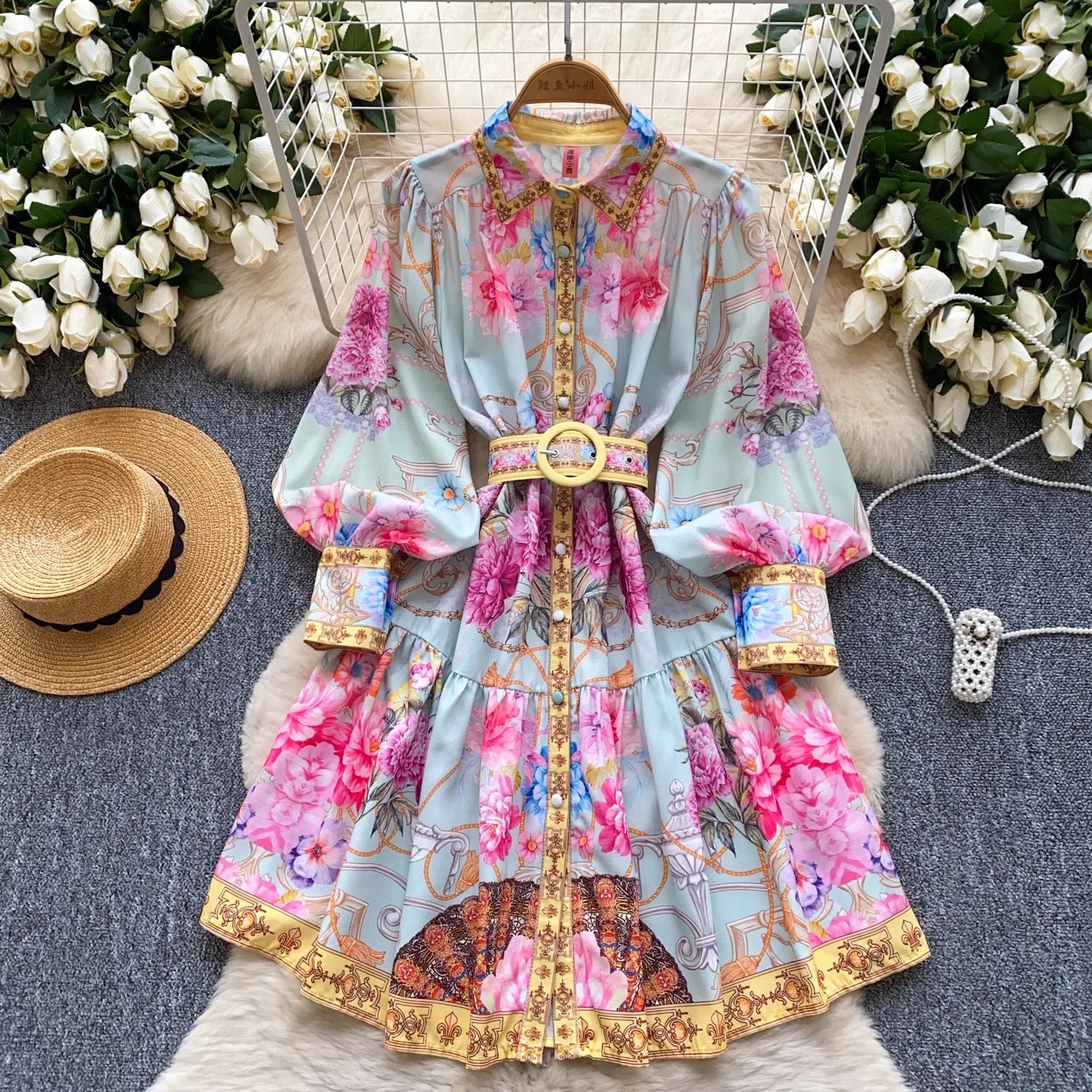 Elegant Gorgeous Floral Mini Dresses Women 2025 Spring Long Lantern Sleeve Stand Collar Single Breasted Belt Party Vestidos 250808