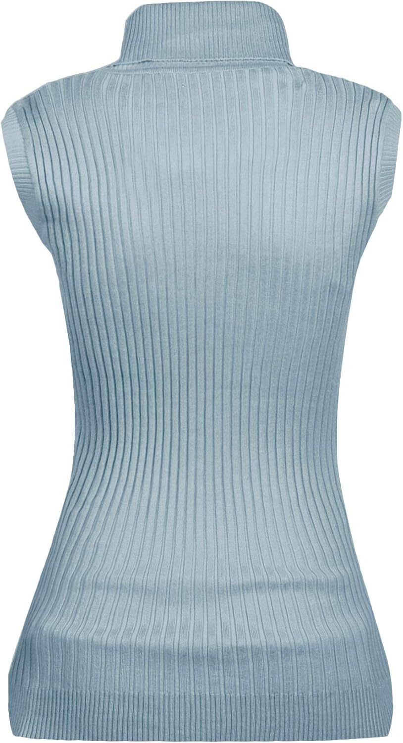Women Sleeveless High Neck Turtleneck Stretchable Knit Sweater Top