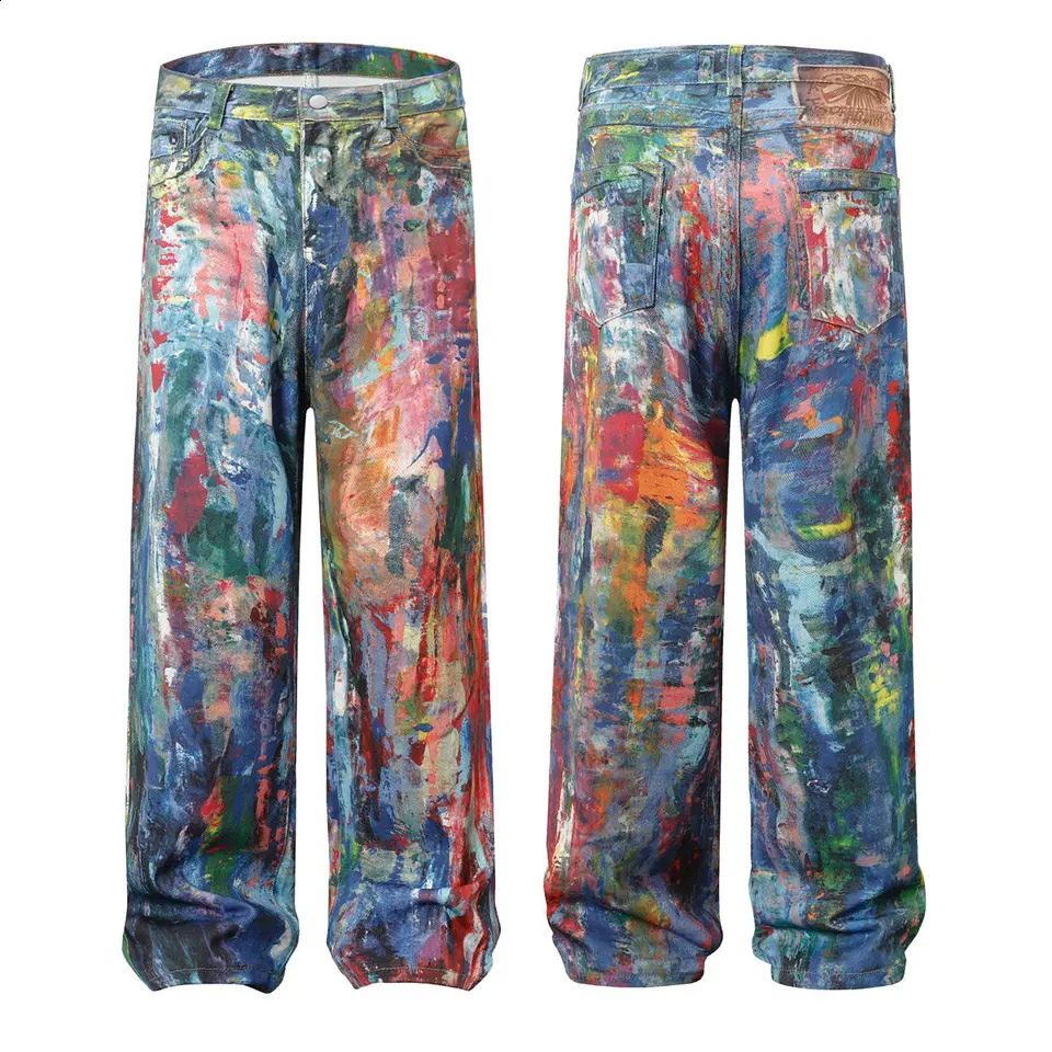 Street Style Graffiti Baggy Jeans Men Distressed Rainbow Random Painting Pattern Straight Wide Leg Pants Hiphop Y2k Trousers 250815