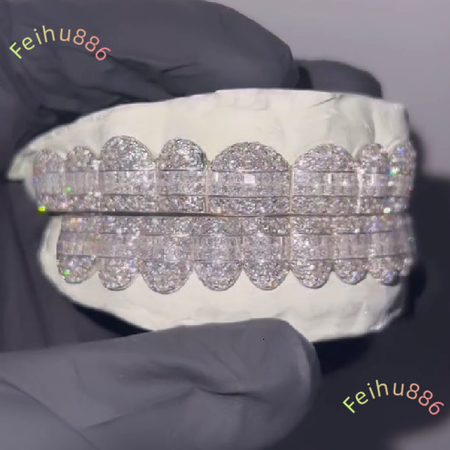Iced Out Vvs Diamond Grillz Round Baguette 925 Sterling Silver Bling Hiphop Dope Custom Moissanite Grillz