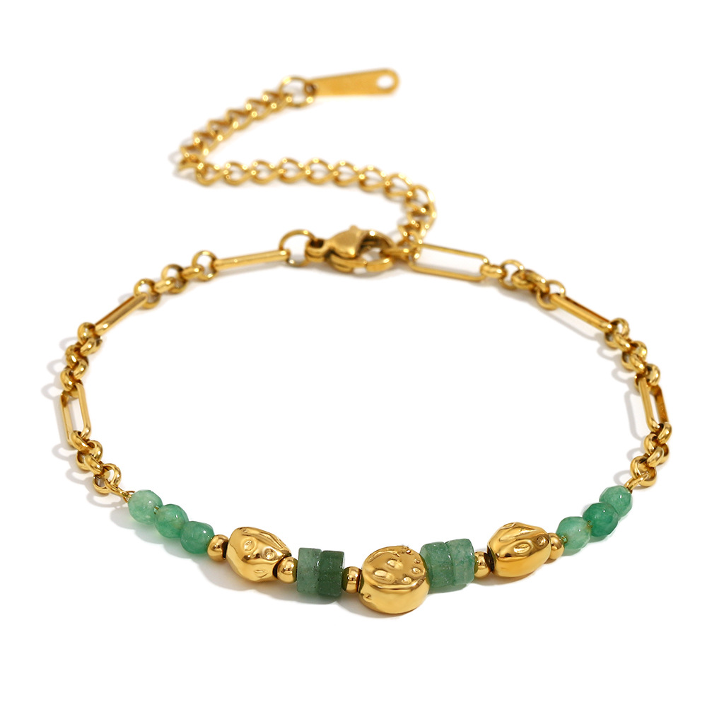 Vintage Inspired Palm Coin Pendant Bracelet 18K Gold-Plated Stainless Steel with Natural Stone European Retro Style for Women