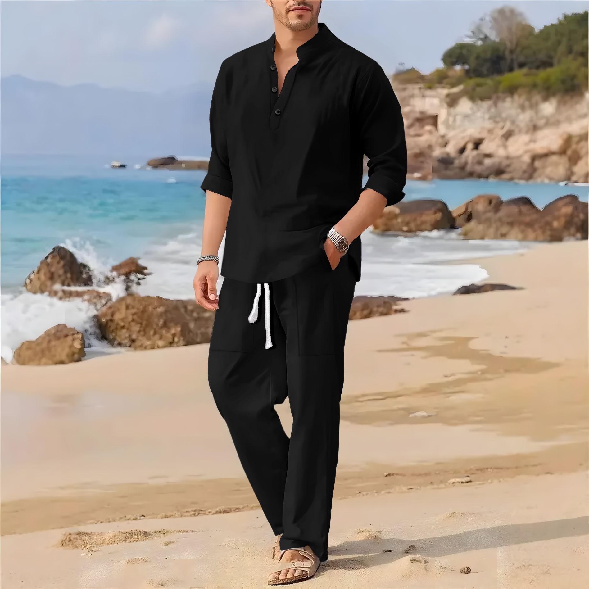 Men Casual Set European and American Fashionable Style Loose Fitting Long Sleeves and Long Trousers two pcs sets black white gray pink autumn man wear