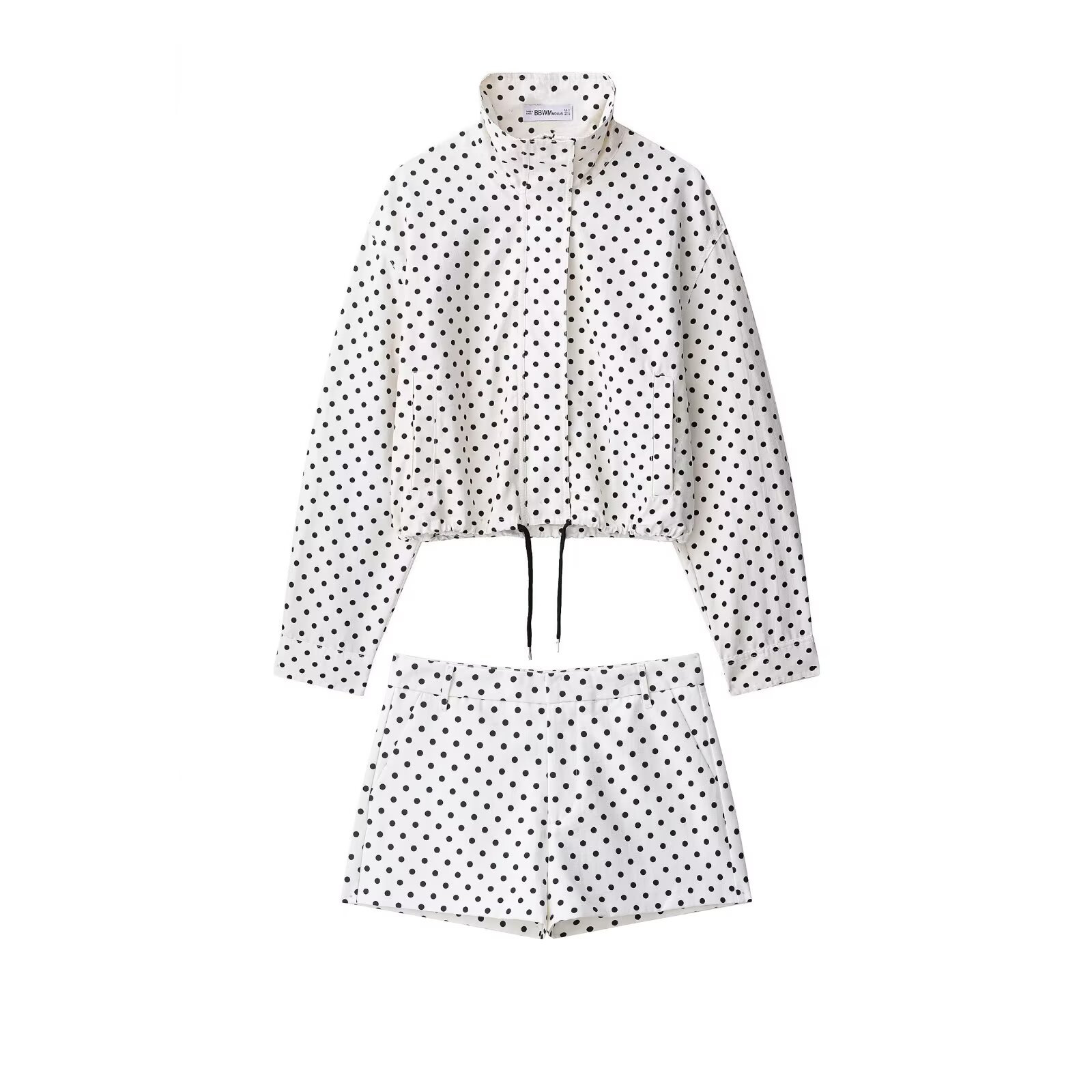Polka Dot Jackets Woman 2 Piece Set Pocket Zipper Standing Collar Coats High Waist Short Pants Loose Sports Style Clothes