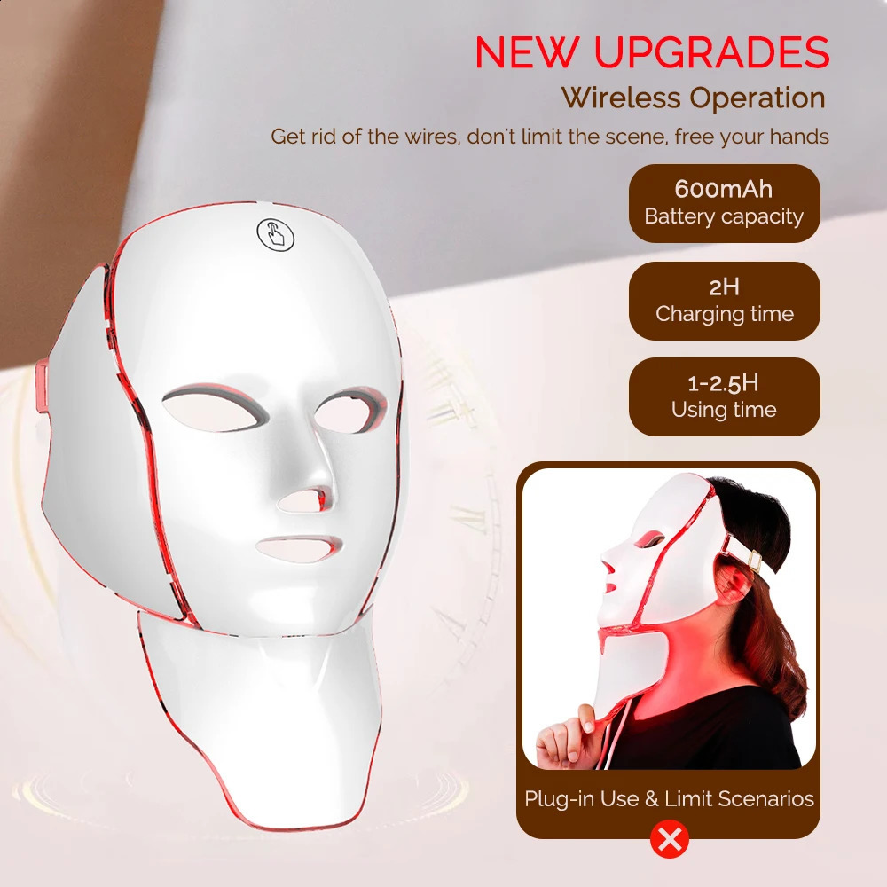 LED Facial Mask with Neck 7 Colors Light Red Light Facial Mask for -Aging Rejuvenation Brighten Skin Beauty Device 250814