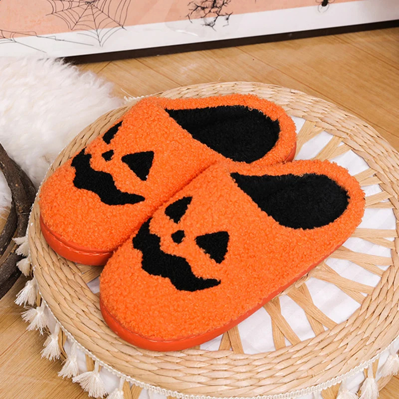 Cozy Halloween Pumpkin Slippers Women Soft Plush Non Slip Indoor Cotton Slides Woman Keep Warm Comfortable Winter House Slippers 250815