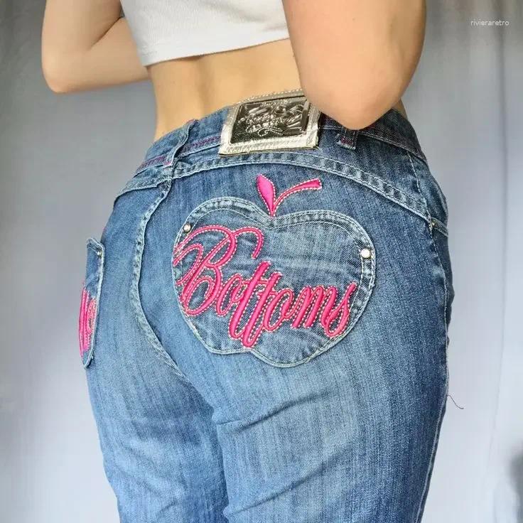 Women's Jeans Harajuku Retro Y2k Women Streetwear Apple Embroidery Slim Fit Hip Hop Gothic High Waisted Wide Leg Z260313