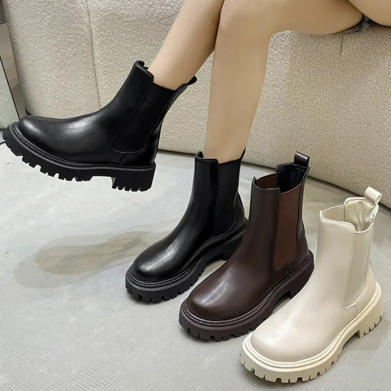 Ankle Boots Autumn Winter Classics Chelsea Boots Women Black Shoes Leather Platform Short Boots Slip on Elastic Band Goth Shoes 250815