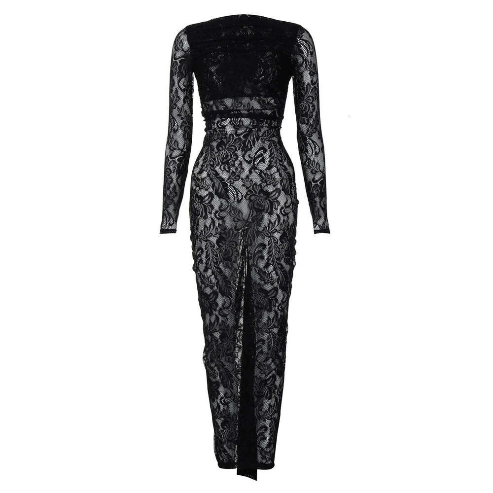 New Sexy Backless Lace Floral Sheer Slim Fit Sleeve Street Style Long Bodycon Dress