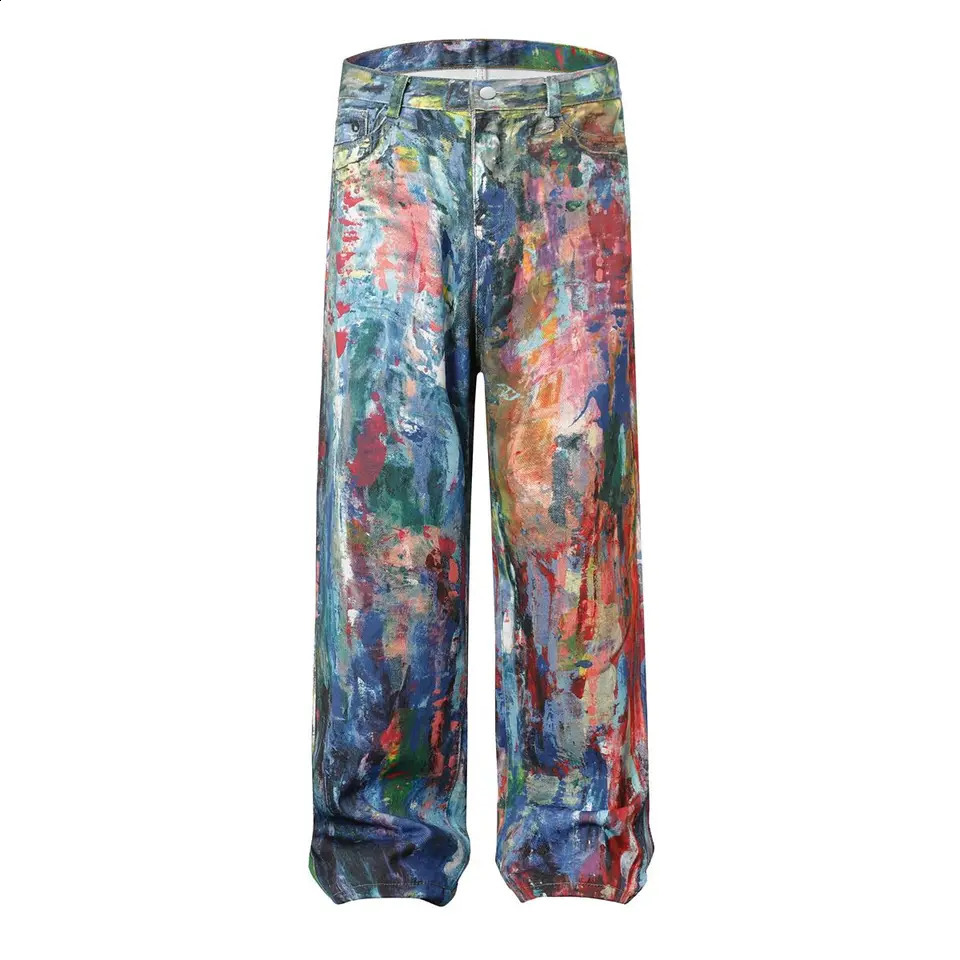 Street Style Graffiti Baggy Jeans Men Distressed Rainbow Random Painting Pattern Straight Wide Leg Pants Hiphop Y2k Trousers 250815