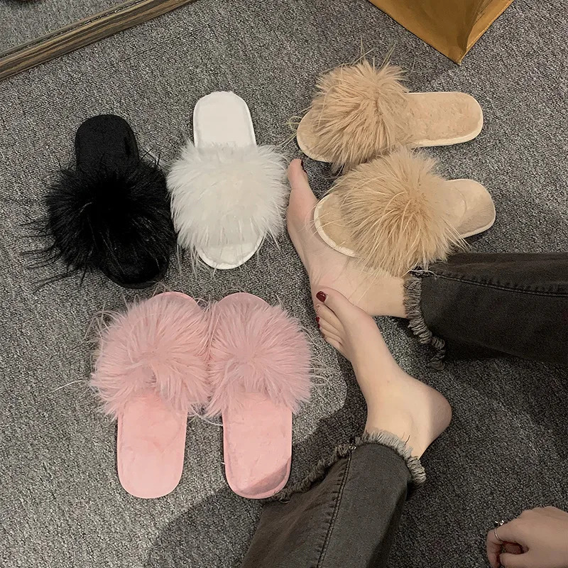 Wedding Bride Fashion Flats Feather Furry Casual Home Shoes Female Footwear Autumn Women Slippers Outdoor Beach Slides 250812