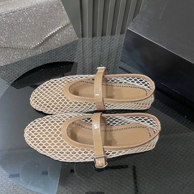 Fashionable and comfortable temperament women's single shoes round toe mesh one-button women's shoes flat shoes