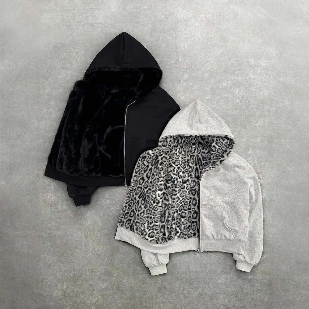 Autumn Winter Retro Fashion Leopard Print Two Sides Wear Loose Zip Up Hoodie Men High Street Punk Casual Oversized Sweatshirts 250814