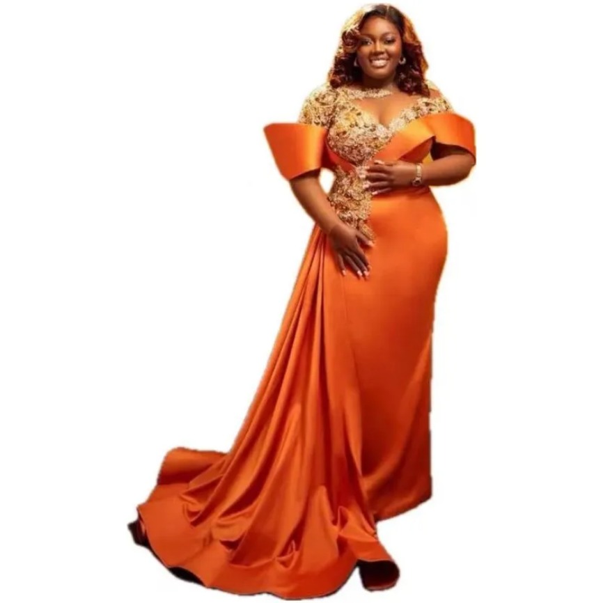 Orange Satin Plus Size Prom Dresses For African Black Women Sparkly Sequined Lace Sexy Hole Special Occasion Evening Gowns Formals Second Reception Dr