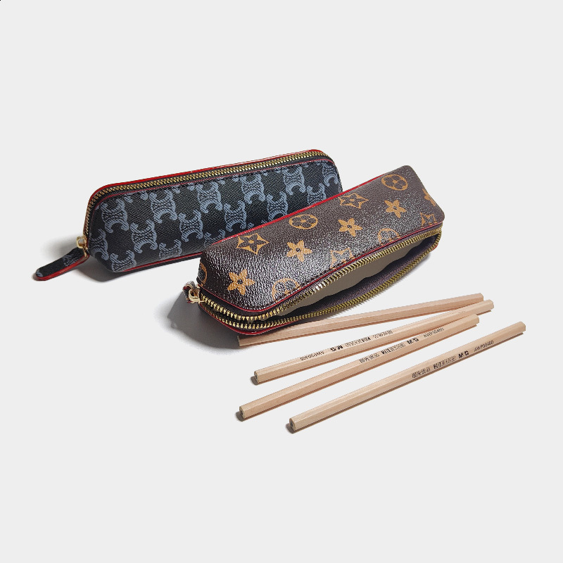 Simple Printed Pattern Brown Classic Vintage Leather Pencil Case Large Capacity Pencil Bag Bun Style 250818