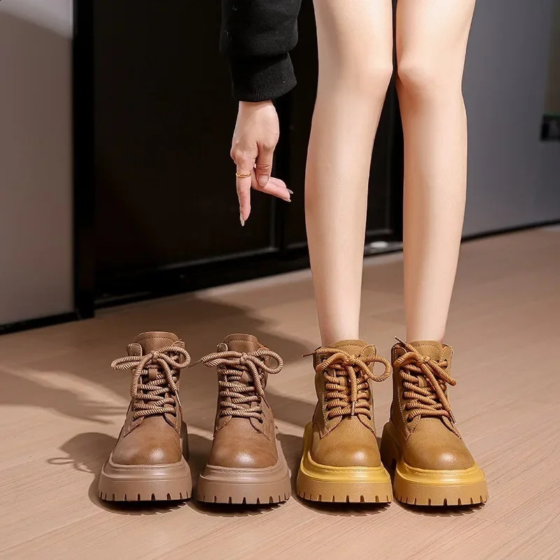 6CM Women Thick Heels Ankle Boots Lace Up Black Chunky Boots Winter Leather Boots Woman Platform Punk Shoes High Heels 250814