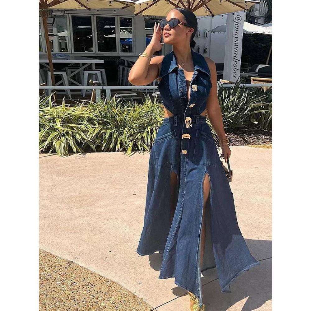 hoodie Denim Hollow Out Split Long Dress Women Sleeveless Lapel Single Breasted High Waist Dresses Summer Street A-Line Lady Robe jacket