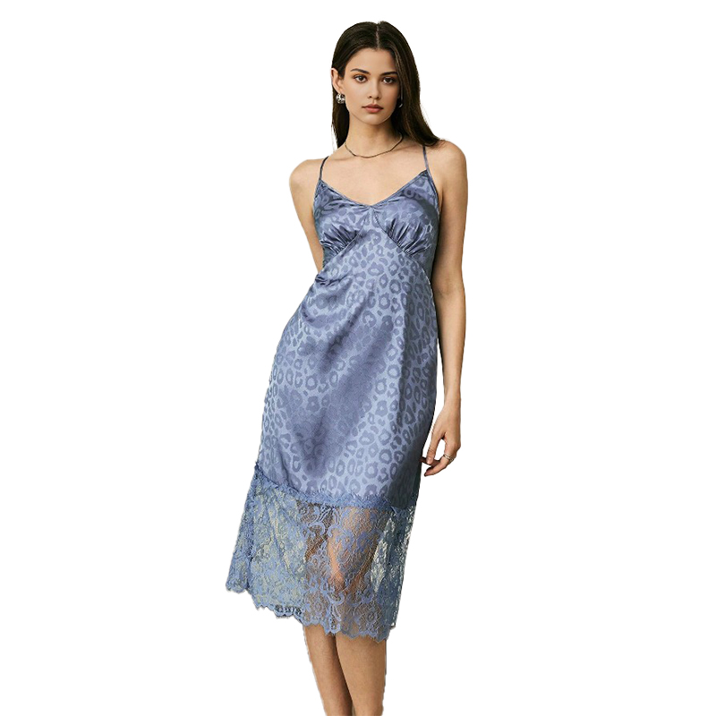 2025 New Women's Spring/Summer Silk Satin Leopard Print Sexy Backless Lace Patchwork Strapless Dress Nightgown Homewear