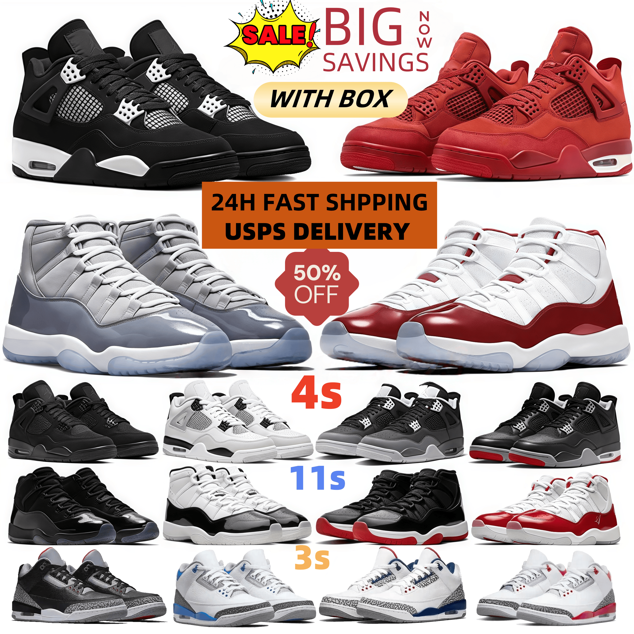 With Box 4 4s Basketball Shoes 5s 11s 3s Sneakers Black Cat Thunder Designer Shoes UNC Cherry Cool Grey Metallic Cement Reima gined Nigel Syest Flu Game Union Trainers
