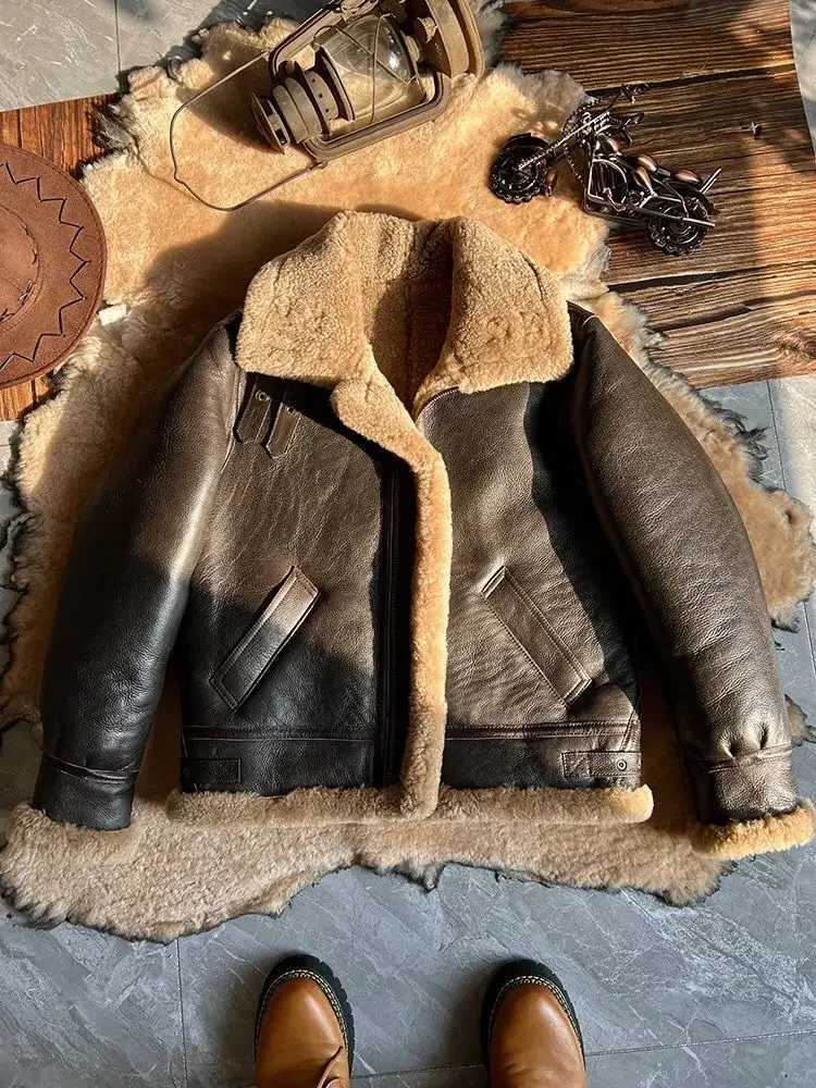 2024 New Fashion Mens Winter Coat Genuine Leather Natural Sheepskin Shearling Jacket Thick Wool Liner Brown Plus Size XXXXXXL XJ250818