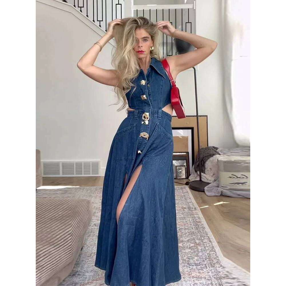 hoodie Denim Hollow Out Split Long Dress Women Sleeveless Lapel Single Breasted High Waist Dresses Summer Street A-Line Lady Robe jacket