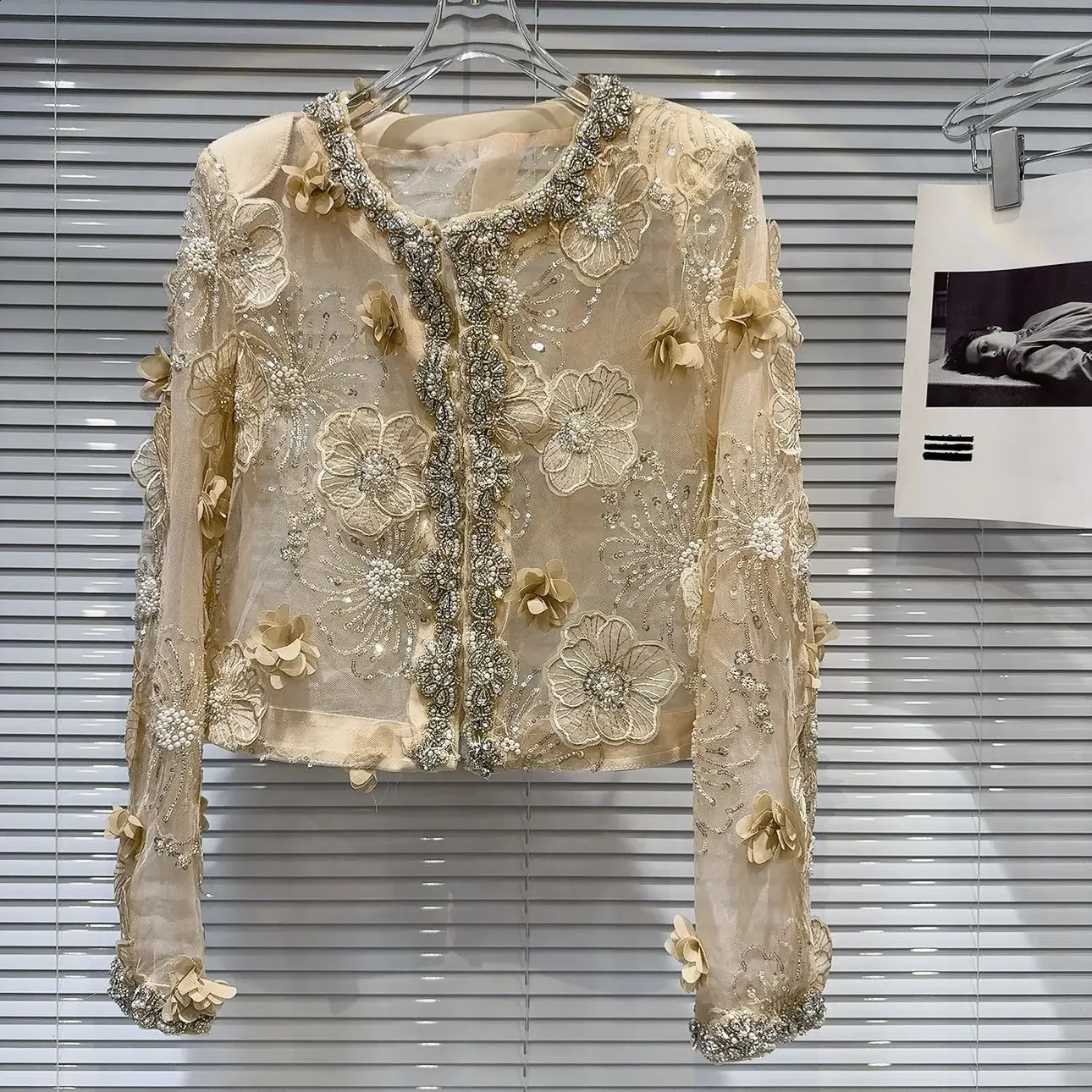 y Women 3D Flowers Mesh Spliced Pearls Beaded Coat Sun Protection Thin Floral y Sequins Gauze Jacket Cardigan Tops 250801
