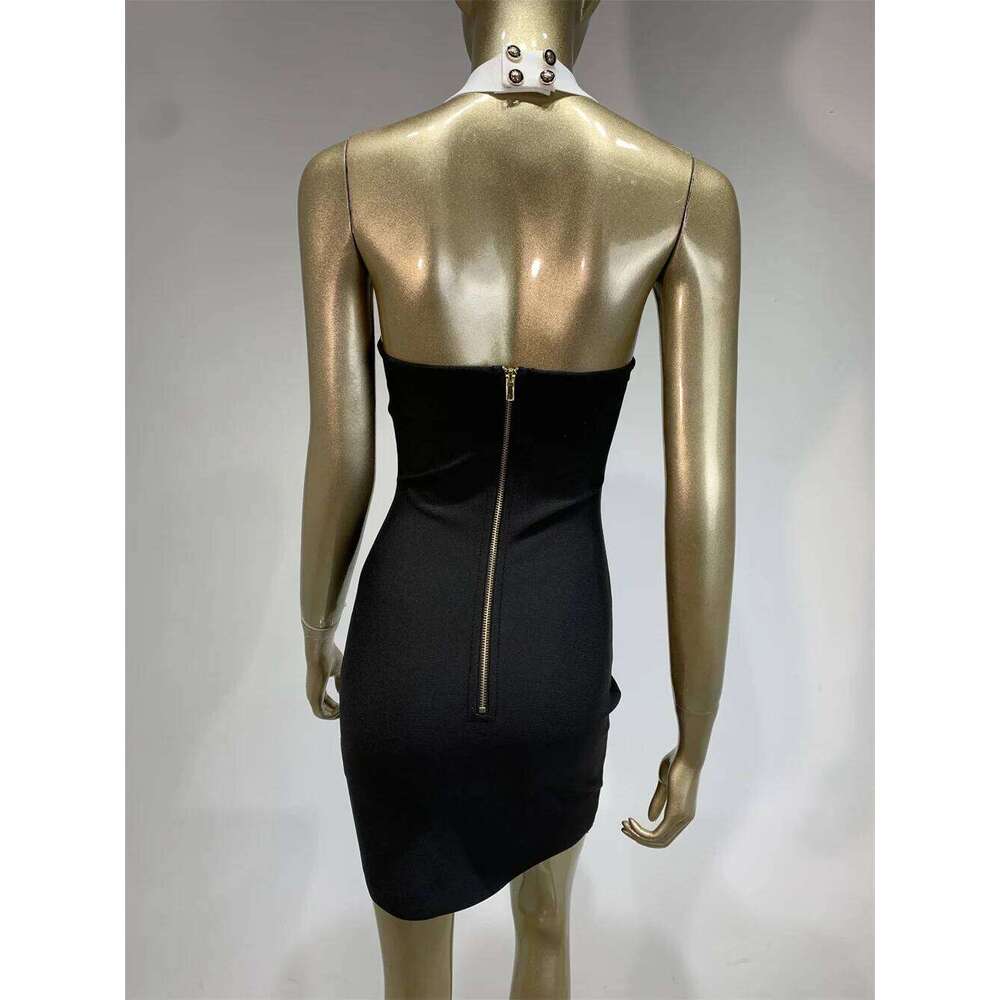 Women High Street Black White Bordure Single Breasted Halter Bodycon Mini Bandage Dress Soft And Comfortable Daily Dresses
