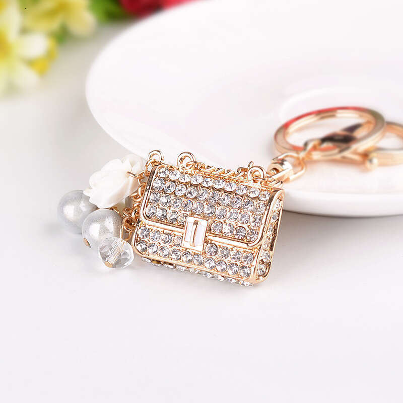 Korean Version Creative Fashion Pearl Bag Alloy Rhinestone Keychain Exquisite Car Hanging Ornament Small Gift